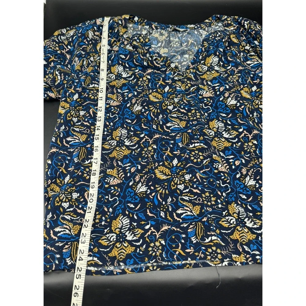 Loft Navy Floral Paisley Puff Sleeve XL Split Neck Rayon Top Boho Peasant